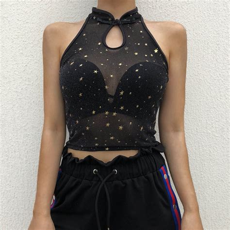 buy nclagen 2018 new women sexy see through tanks star print camis navel bare