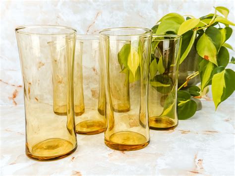 Vintage Yellow Curved Drinking Glasses Set Of 6 Yellow Etsy