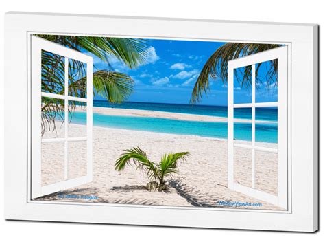Maintain privacy while enjoying a seaside view with a window mural over a bathtub. White Sand Beach Ocean Side Open Picture Window Frame Art ...