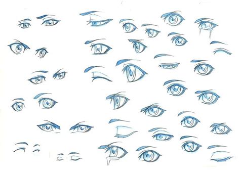A Bunch Of Different Types Of Eyes Drawn In Blue Marker On White Paper