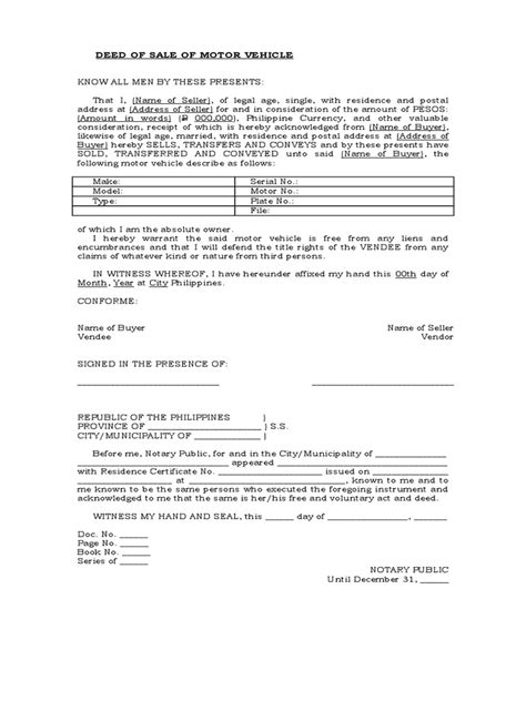 Deed Of Sale Of Motor Vehicle Template Natural Resources Law