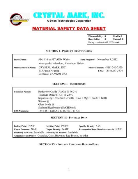 Material Safety Data Sheet Msds Crystal Mark Inc
