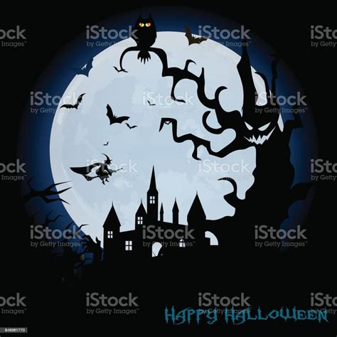 Latar Belakang Malam Halloween Dengan Rumah Berhantu Pohon Labu Dan