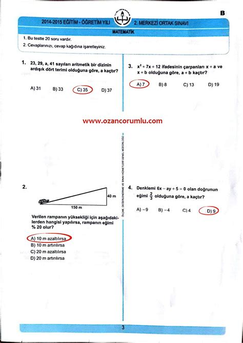 TEOG 2015 2. Dönem Matematik Soru ve Cevapları | ozancorumlu.com