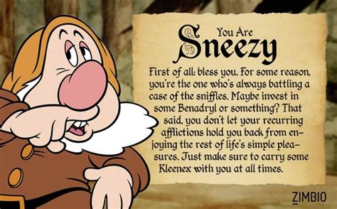 I Took Zimbios Seven Dwarfs Quiz And Im Sneezy Who Are You Seven Dwarfs Snow White