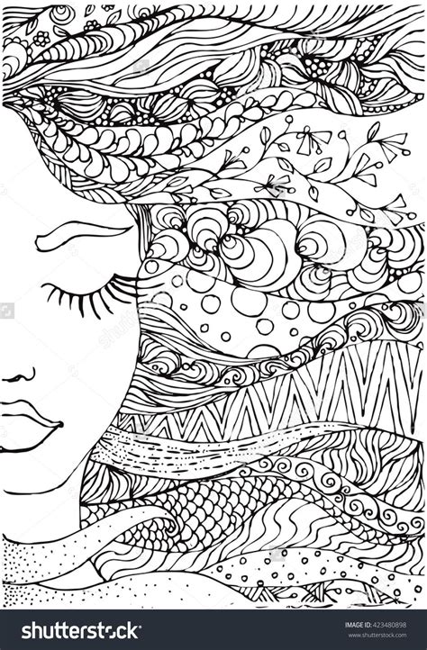 Ink Doodle Womans Face And Flowing Coloring Page Zendala Ink Doodles