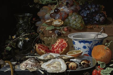 Still Life With Fruit Oysters And A Porcelain Bowl Abraham Mignon
