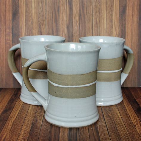 Vintage Stoneware Pottery Mug Set Of White And Tan Modern Striped