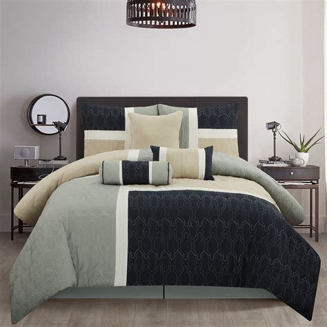 Lanco Grey Navy Comforter Set King Size 7 Piece Quilting Soft Bedding