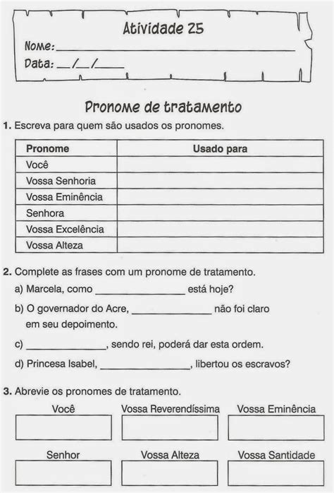 Exercicios Pronomes De Tratamento O Ano EDUCA