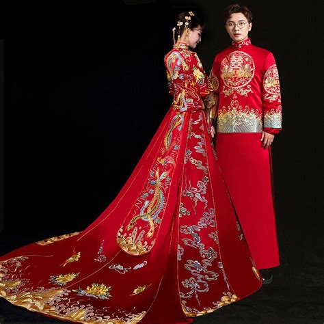 Bride Groom Cheongsam Vintage Chinese Style Wedding Dress Clothing Lady Mens Embroidery Phoenix