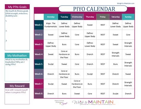 Printable Piyo Calendar And Workout Schedule — Plan A Healthy Life