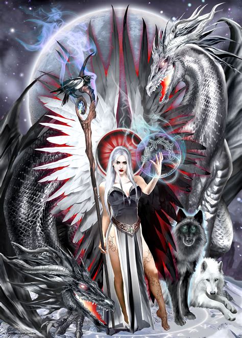 A Woman Standing In Front Of A Dragon Next To A Fire And Ice Wolf With
