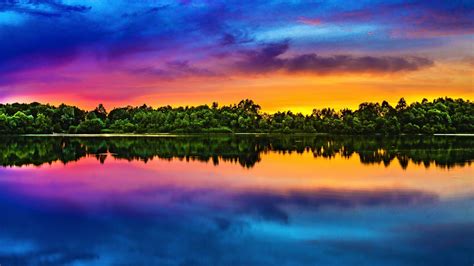 Desktop Wallpaper Colorful Skyline Sunset Lake Trees Reflections