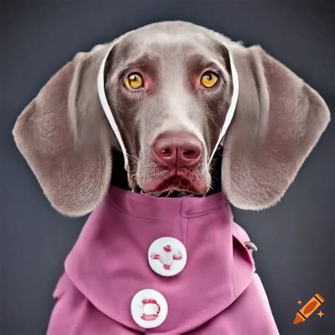 Weimaraner Dog In A Pink Nurses Uniform