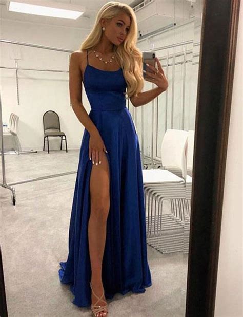 Simple Navy Blue Long Prom Dresses Split Front Evening Party Dresses On