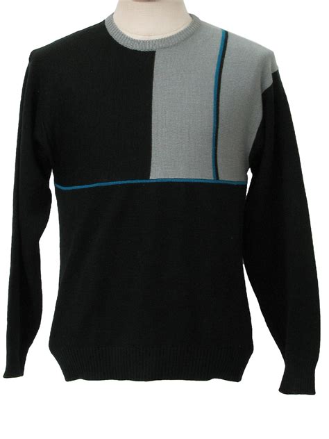 Vintage 1980s Sweater 80s Mervyns Mens Black And Grey With Teal