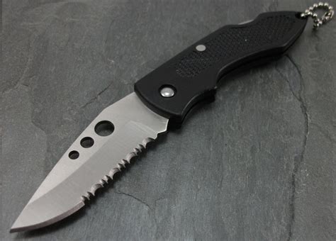 Folding Pocket Knife Mini Black Silver Serrated Blade Keychain Key
