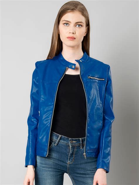 Faballey Women Blue Solid Leather Jacket Faballey Jackets Price Myntra