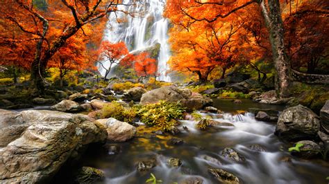Landscape View Of Beautiful Waterfalls Red Fall Autumn Trees Rocks