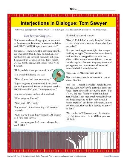 Interjections In Dialogue Tom Sawyer 5th Grade Interjections Worksheets