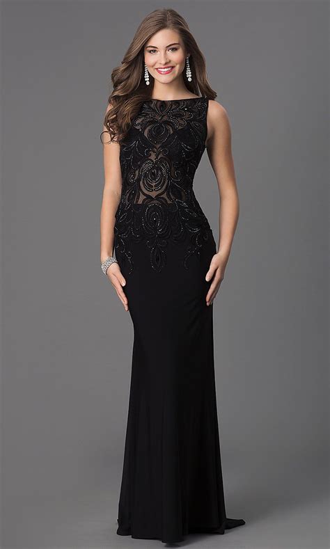 Long Black Prom Dress With Illusion Bodice Promgirl Evening Gowns