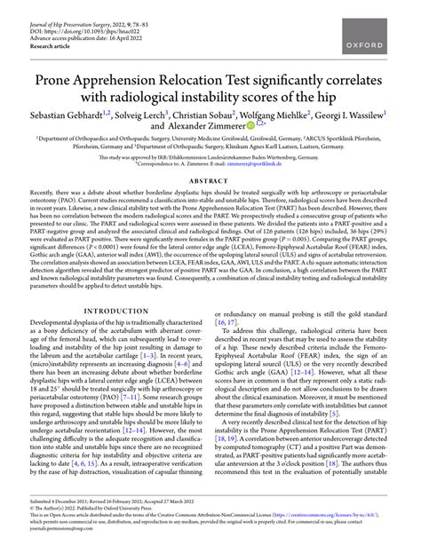 Pdf Prone Apprehension Relocation Test Significantly Correlates With
