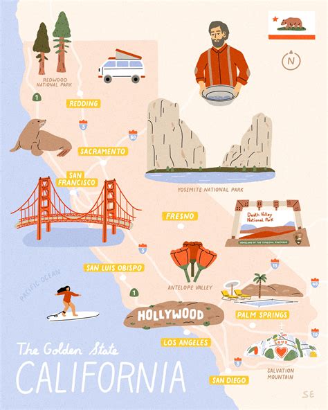Illustrated Map Of California The Golden State State Map Art