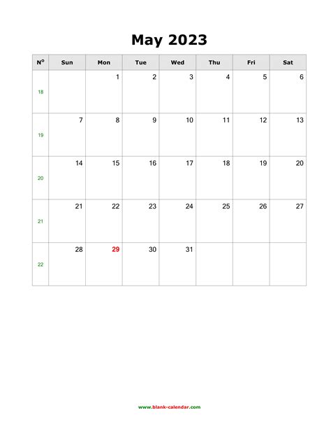 Download May 2023 Blank Calendar Vertical