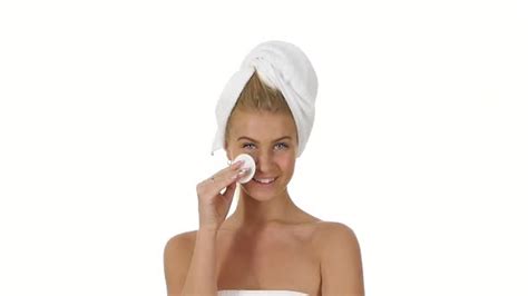 Young Shirtless Woman Wiping Her Face With Sponge Close Up Slow