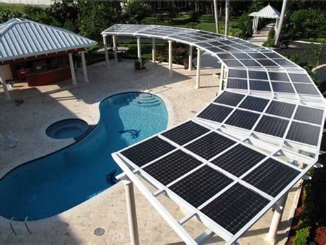 Solar energy pool heating makes you reliant on the amount of sunlight. Futuristic pergola solar roof, producing energy to help heat the swimming pool. | Solar pergola ...