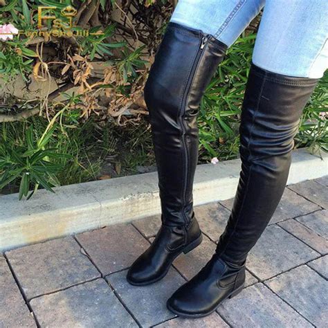 Boots Over Knee Botas Largas ZIP Stocking Bota Cano Longo Round Toe Flat Spring Autumn Plus Size