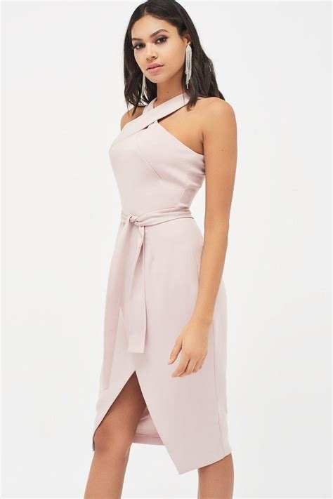 Lavish Alice Synthetic Halter Neck Wrap Front Midi Dress In Dusty Pink