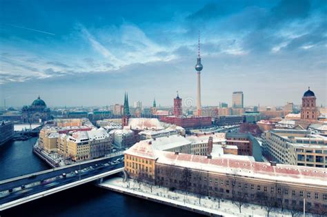Berlin Skyline Winter City Panorama With Snow And Blue Sky Stock Image