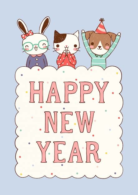 Premium Vector Happy New Year Greeting Card With Cute Animal In Flat