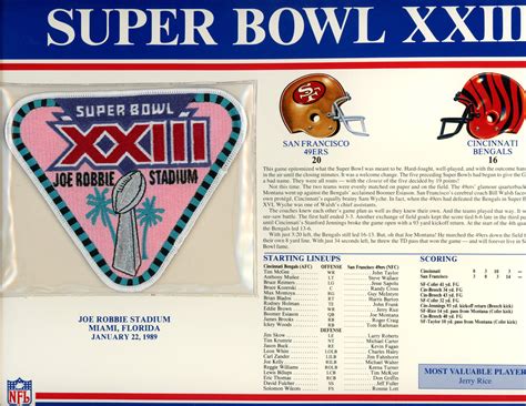 Super Bowl Xxiii Patch Stat Card Official Willabee And Ward Denver