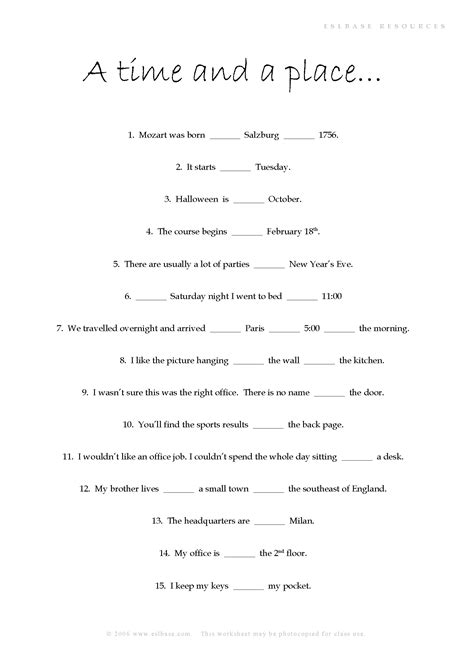 Activity To Practise Prepositions Of Time And Place