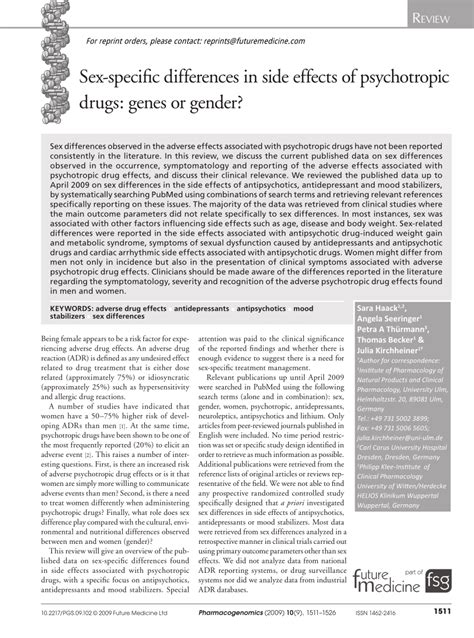 Pdf Sex Specific Differences In Side Effects Of Psychotropic Drugs Genes Or Gender