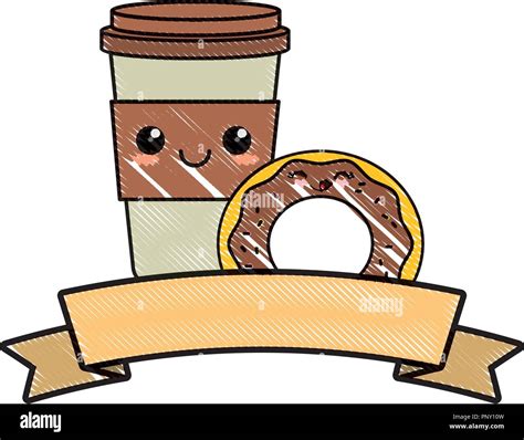 Kawaii Donut And Coffee Cup And Decorative Ribbon Over White Background