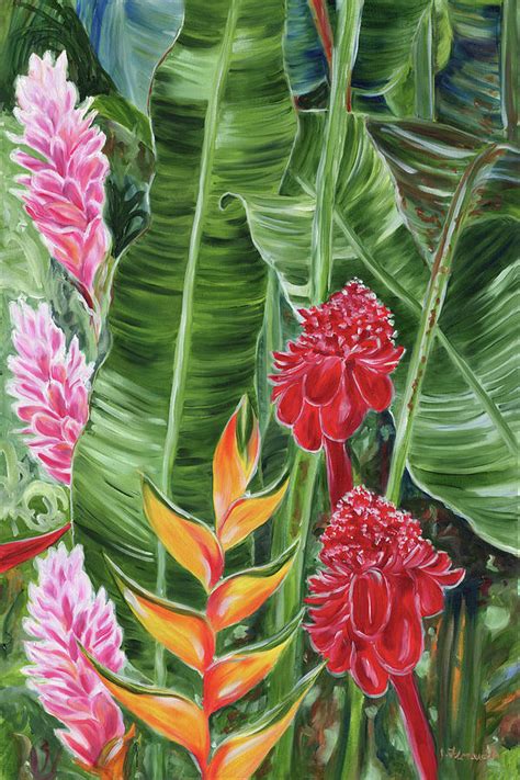 Dramatic Tropical Hawaiian Leaves And Maui Flowers Oil Painting By