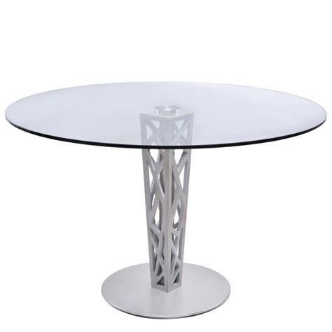 Armen Living Crystal Round Dining Table In Brushed Stainless Steel Finish With Gray Walnu