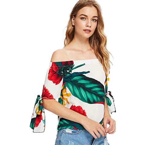 women casual loose short sleeve blouse sexy off shoulder blouses women fashion floral printed