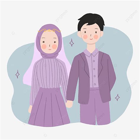 Gambar Pasangan Pengantin Muslim Jilbab Yang Lucu Dalam Ilustrasi Ungu