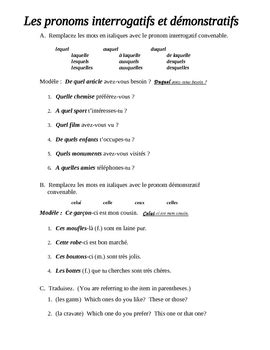 French Interrogative and Demonstrative Pronoun Exercises by Gretchen Petrie