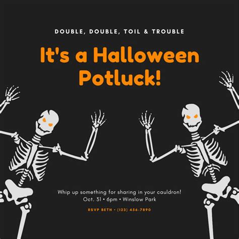 Charcoal And Orange Skeleton Halloween Potluck Invitation Templates By
