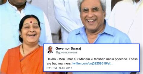 asked about his wife s salary on twitter sushma swaraj s husband had an epic response