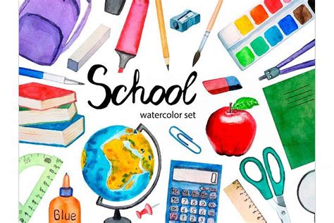 Watercolor School Clipart Teacher Clipart School Supplies 472546