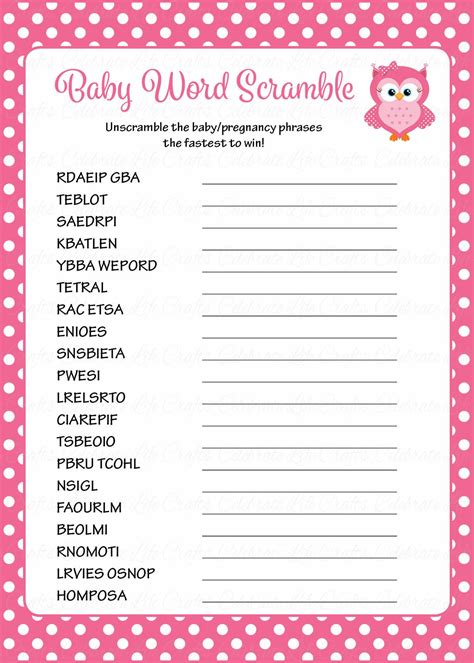 Word Scramble Baby Shower Game Owl Baby Shower Theme For Baby Girl