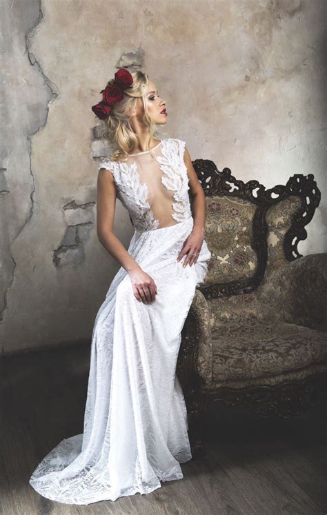 Pure White Boho Wedding Dress Sheath Silhouette With Sheer Etsy