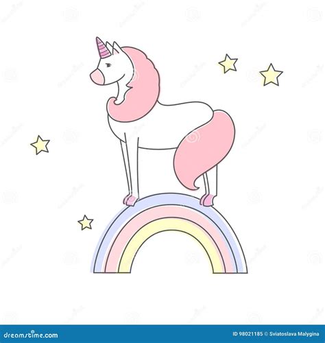 Cute Unicorn Stands On A Rainbow Isolated Vector Illustration Stock